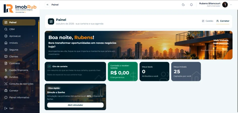 Painel do ImobRub com menu de CRM, AprovaLoc, imóveis, contratos e gestão financeira, e resumo da carteira do corretor