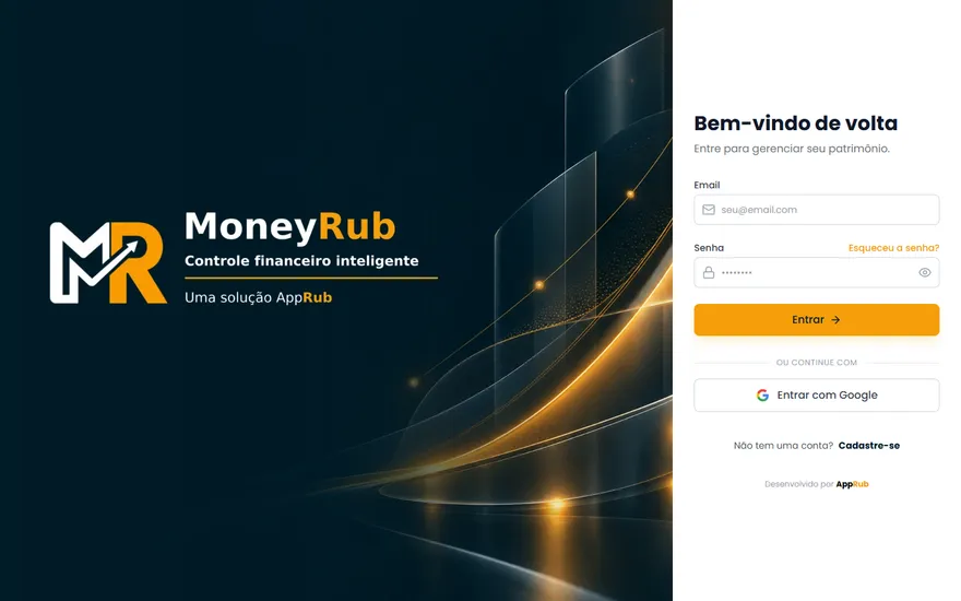 Tela de entrada do MoneyRub no computador