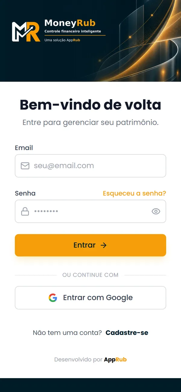 Tela de entrada do MoneyRub no celular